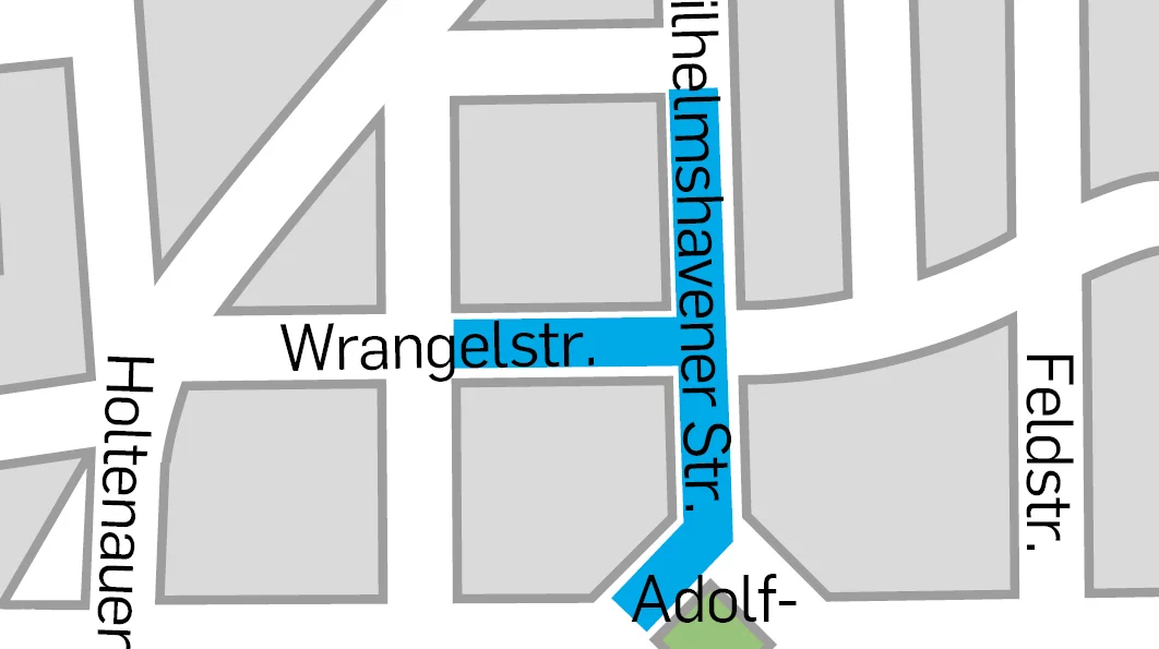 Die Modernisierungsmaßnahmen finden vom 1. August bis voraussichtlich Mitte November abschnittsweise in der Wrangelstraße, zwischen Gerhardstraße und Wilhelmshavener Straße, sowie in der Wilhelmshavener Straße, vom Adolfplatz bis Gefionstraße, statt.